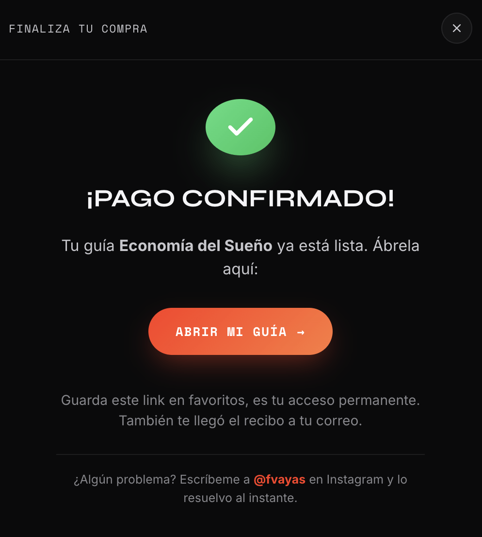 Pantalla de confirmación con botón para abrir la guía